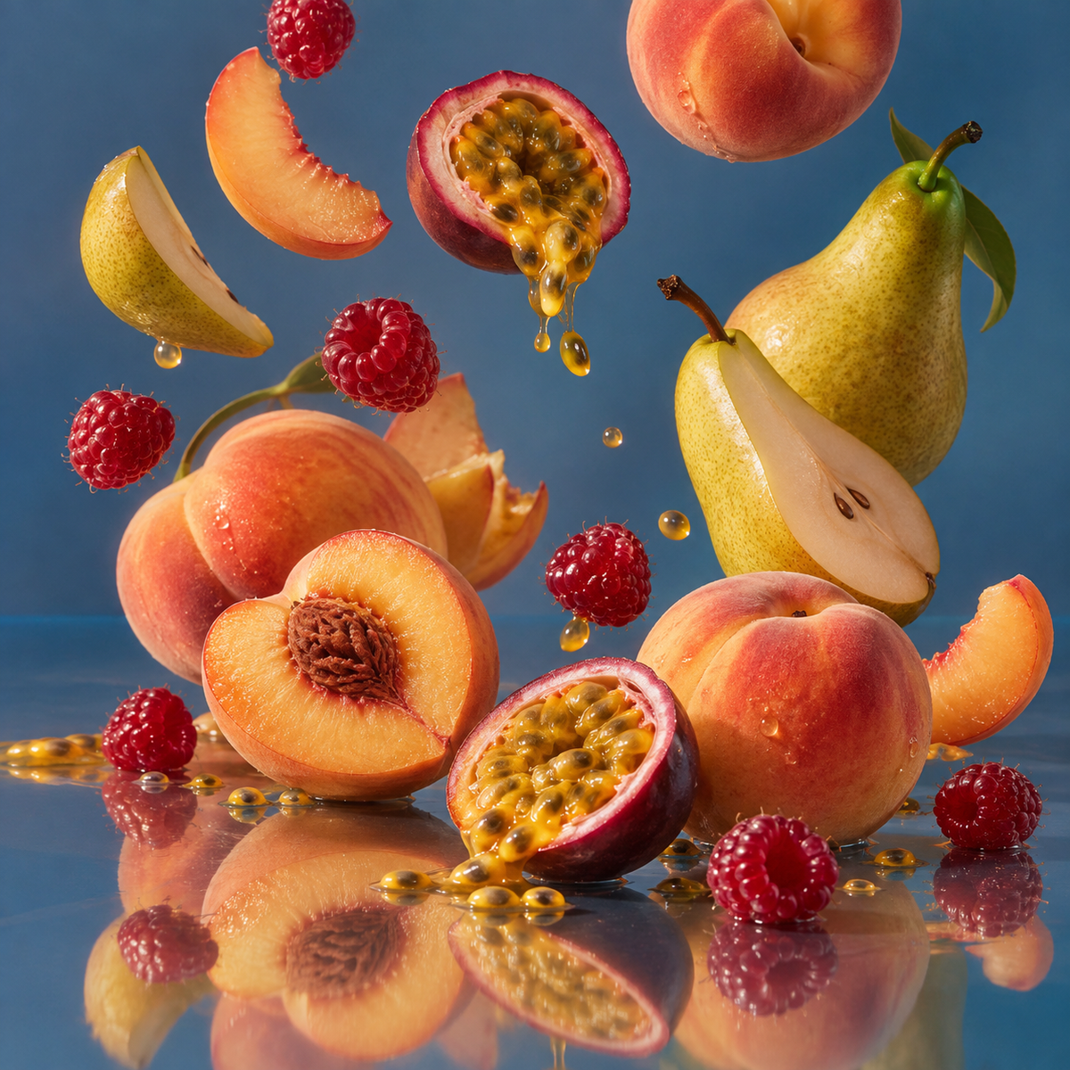 Fructul pasiunii, Piersică, Pară, Zmeură, Cassis, Nisip